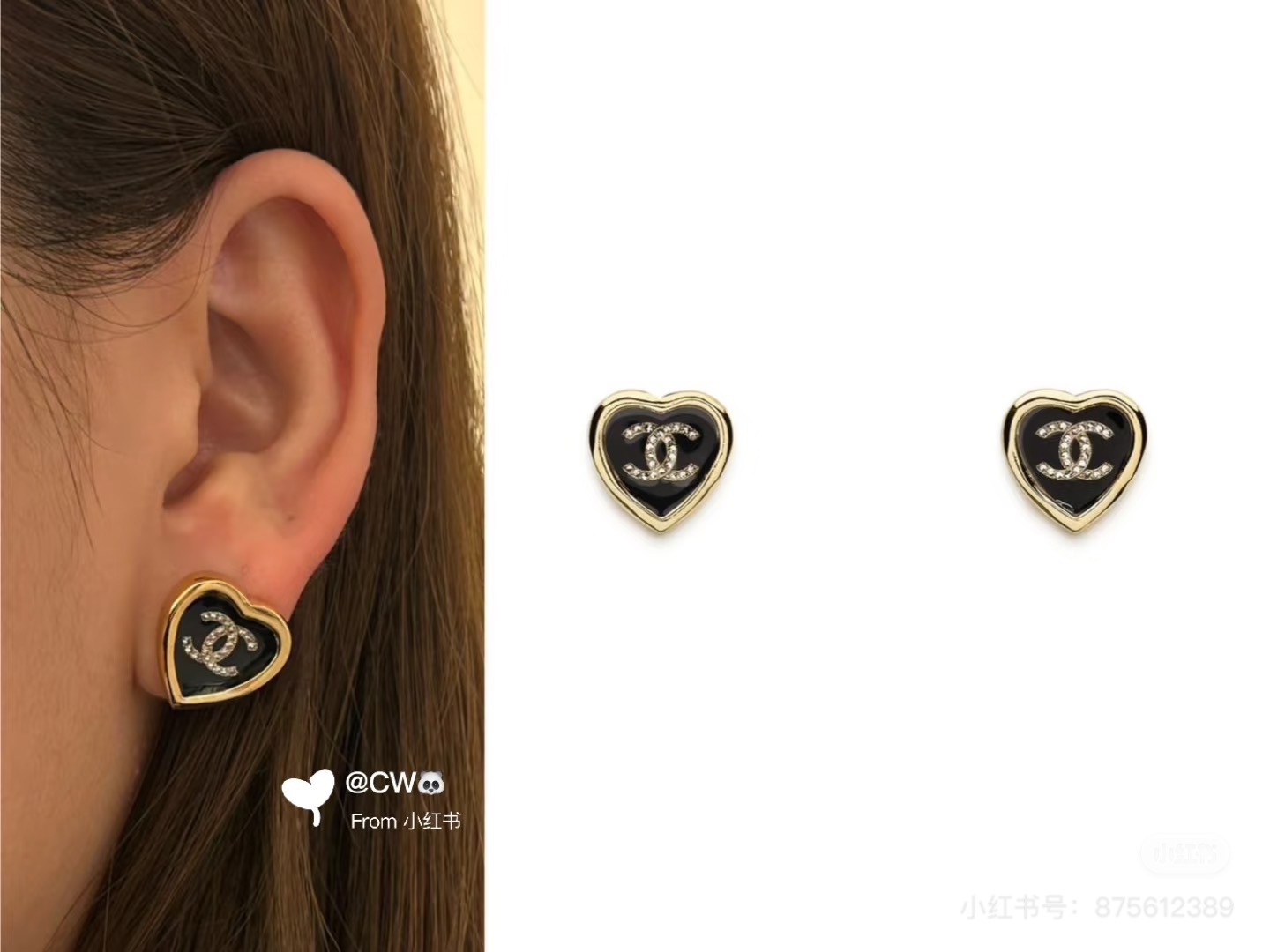 Chanel 25B新款黑金珐琅爱心耳钉复古感满满，经典黑金配色，双C里还藏有闪闪的钻钻超级百搭，万年经