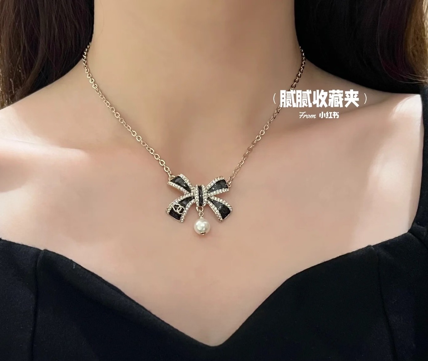 Chanel 25B黑金幻彩珐琅蝴蝶结珍珠项链 8