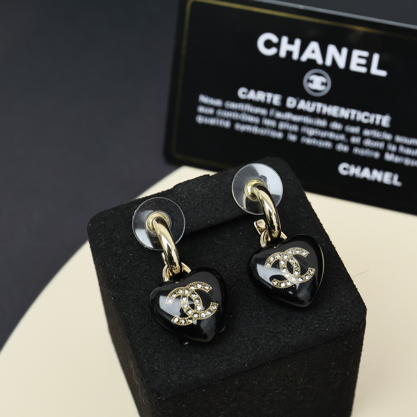 Chanel CC Black Heart Drop Earrings earrings Gold-tone metal glossy black resin clear crystal accents One Size drop length approx 2cm