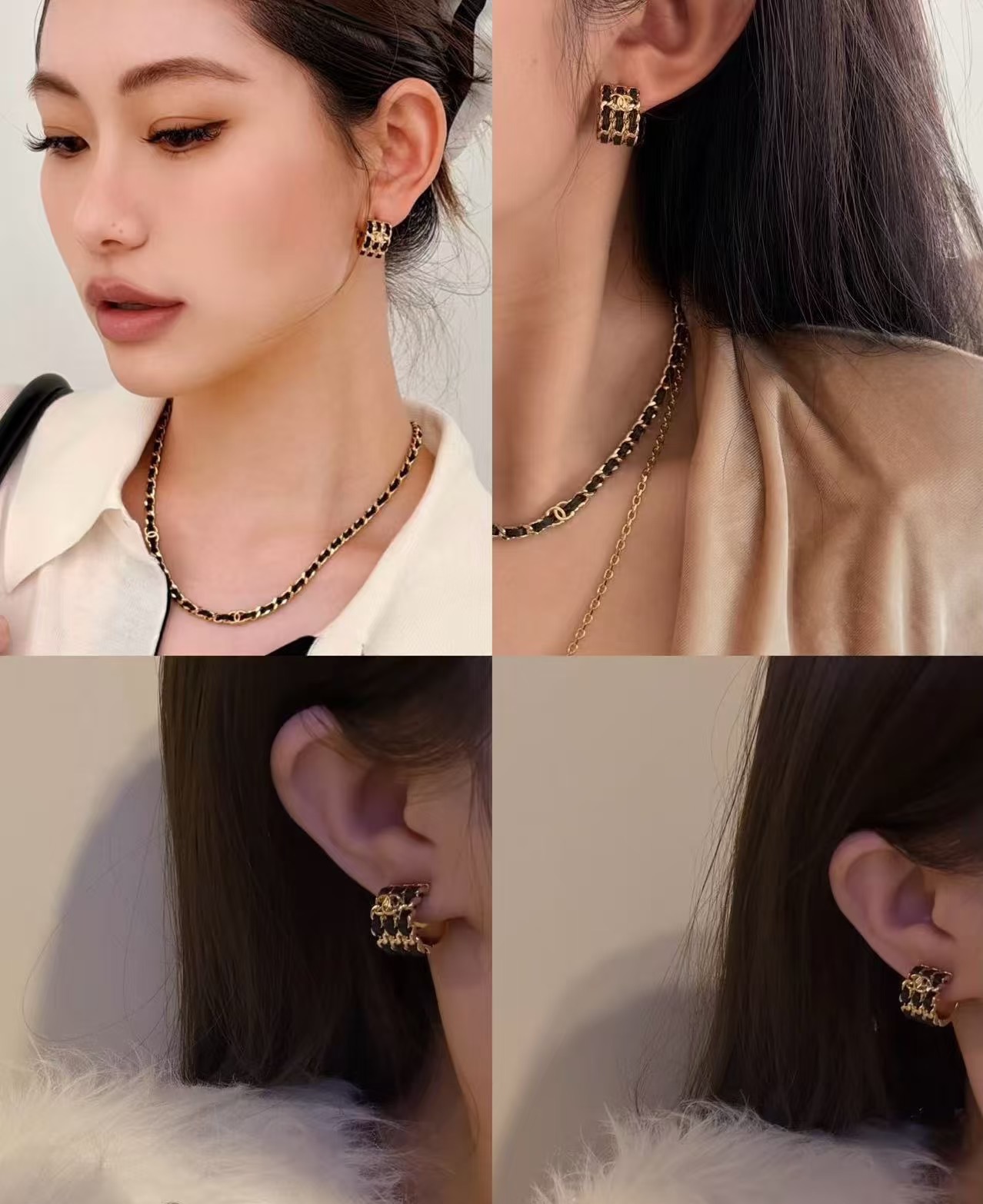 Chanel Chanel黑色皮穿链条耳钉