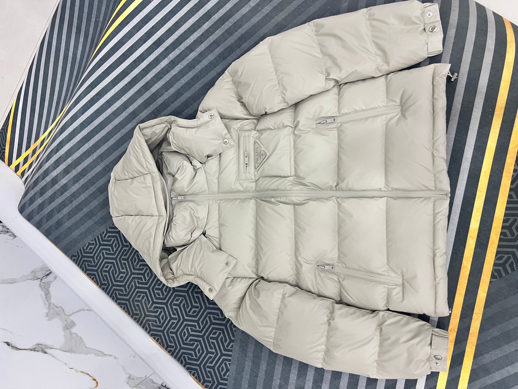 High-quality PRADA Black Vinyl Jacket with Hood, Men's Sizes 48-56, White Goose Down.-Big cat