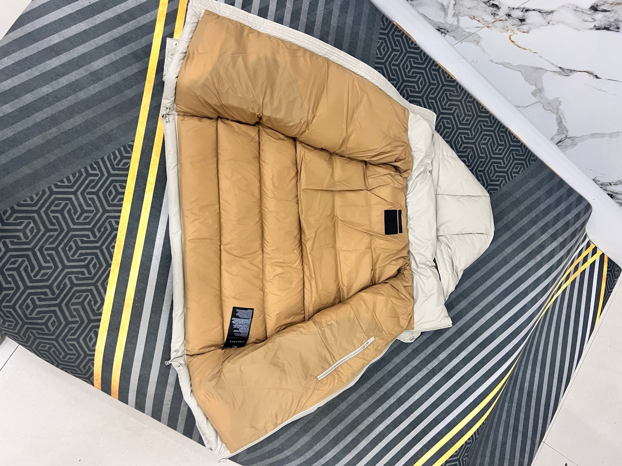 High-quality PRADA Black Vinyl Jacket with Hood, Men's Sizes 48-56, White Goose Down.-Big cat