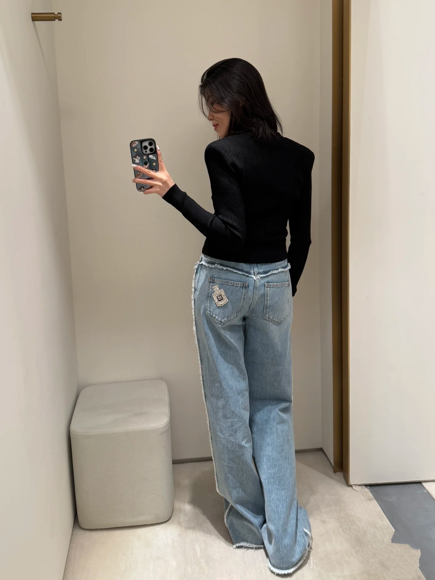 ♥️B 手工钉钻毛须边牛仔裤！棉 SML