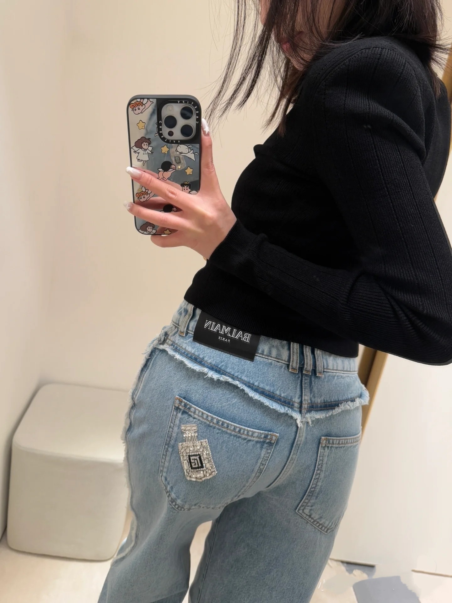 ♥️B 手工钉钻毛须边牛仔裤！棉 SML