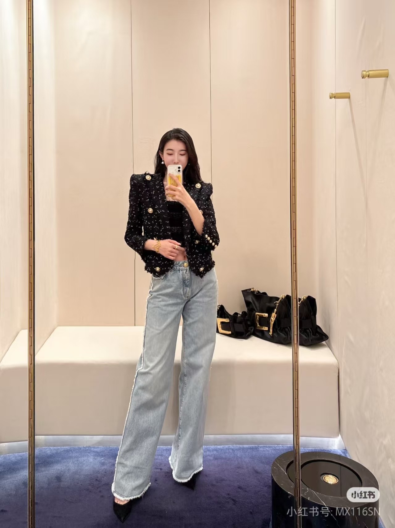 ♥️B 手工钉钻毛须边牛仔裤！棉 SML