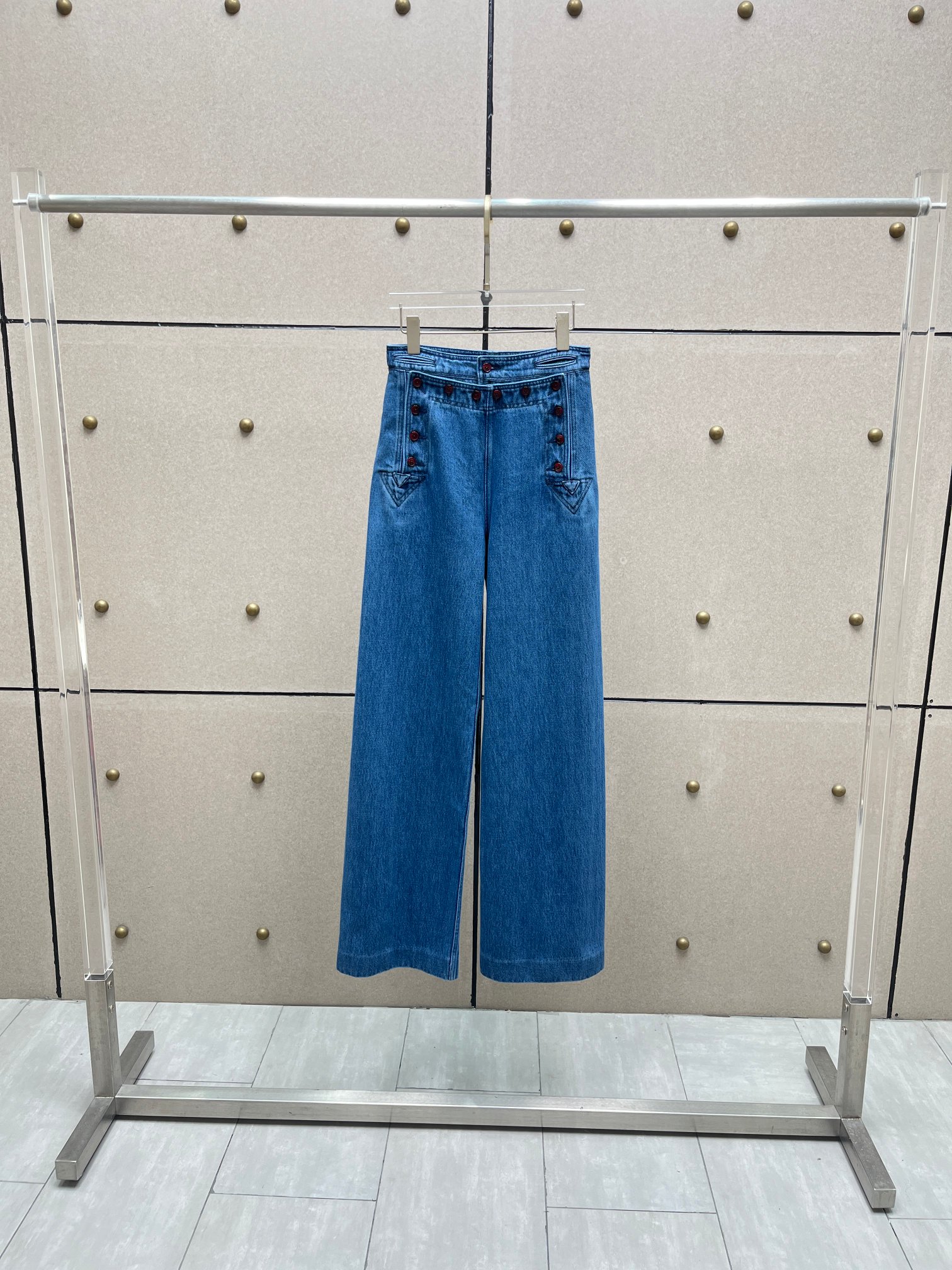 ♥️复古高腰撞色红纽扣牛仔裤！棉 SML