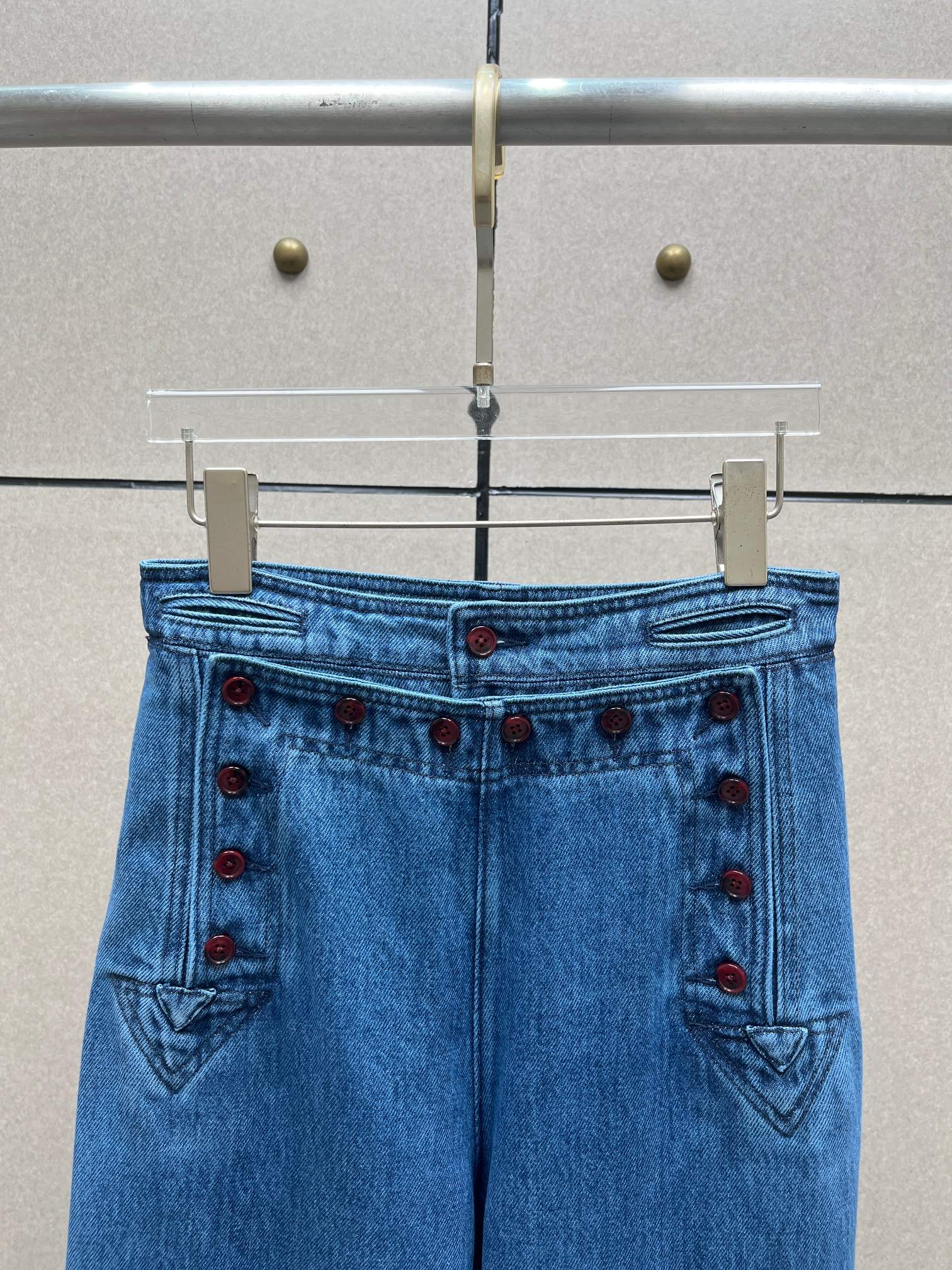 ♥️复古高腰撞色红纽扣牛仔裤！棉 SML