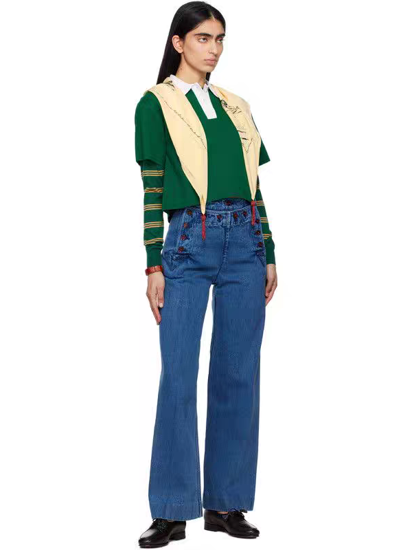 ♥️复古高腰撞色红纽扣牛仔裤！棉 SML