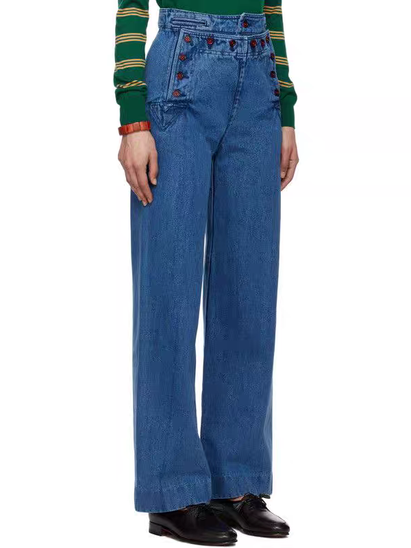 ♥️复古高腰撞色红纽扣牛仔裤！棉 SML