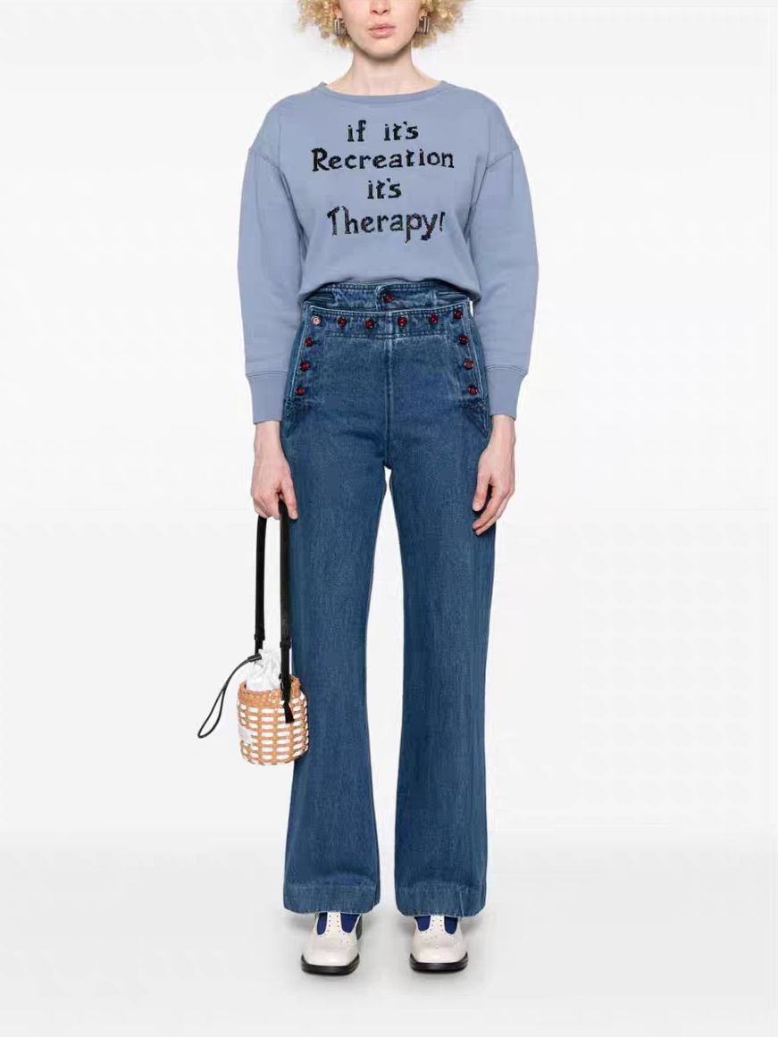 ♥️复古高腰撞色红纽扣牛仔裤！棉 SML