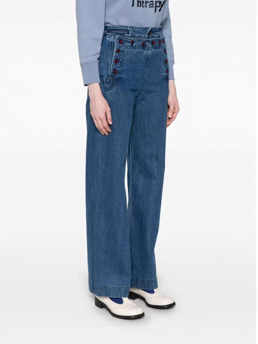 ♥️复古高腰撞色红纽扣牛仔裤！棉 SML