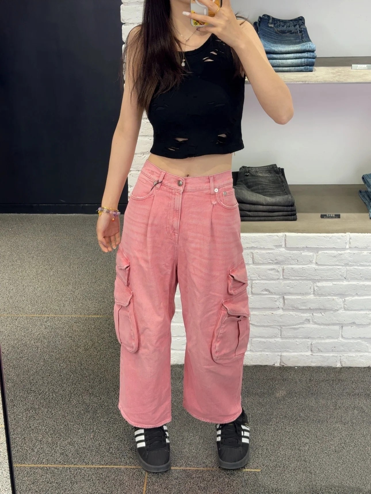 ♥️1 3 多袋套色水洗牛仔裤！粉色 棉 SML  
