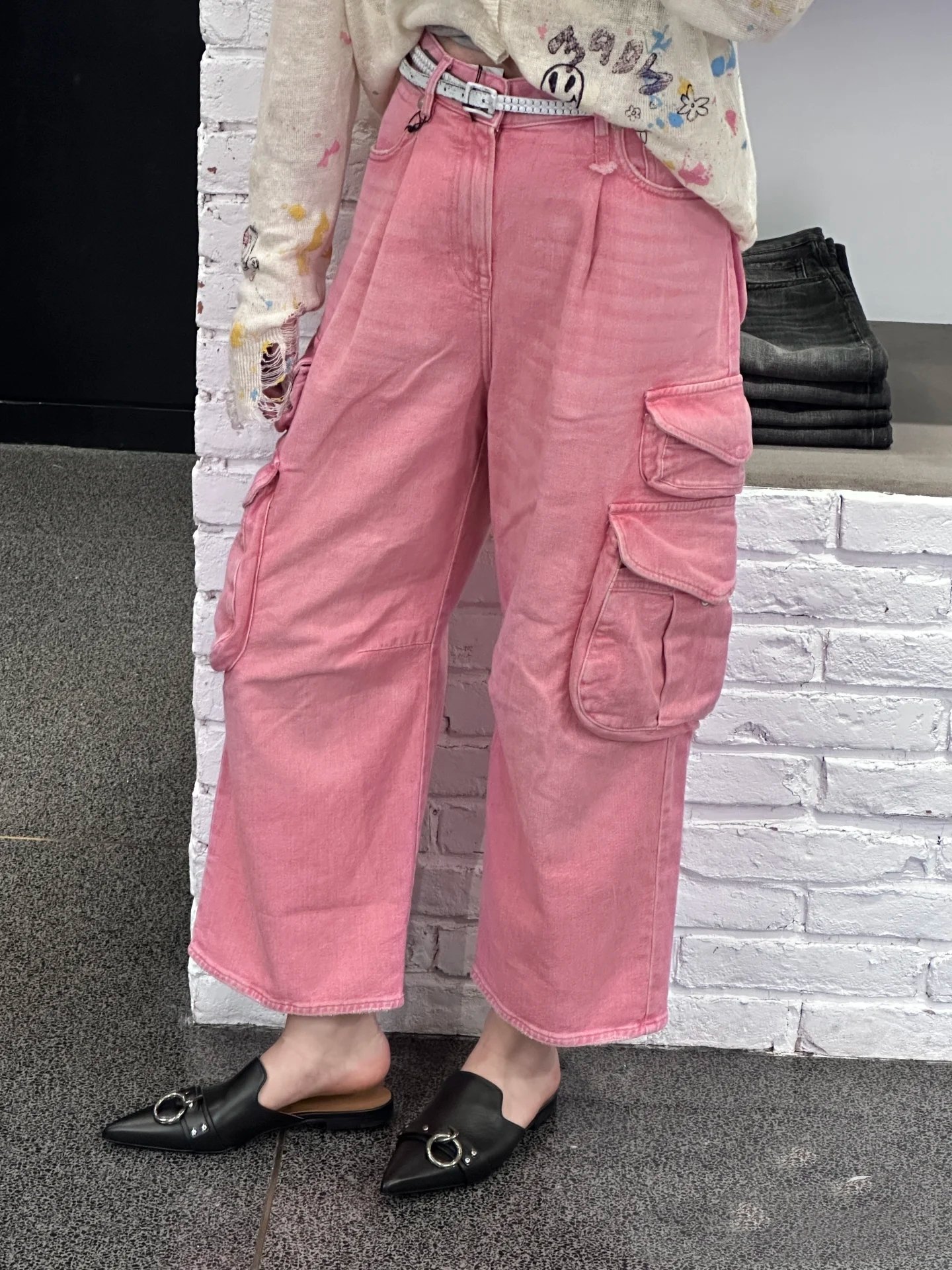 ♥️1 3 多袋套色水洗牛仔裤！粉色 棉 SML  