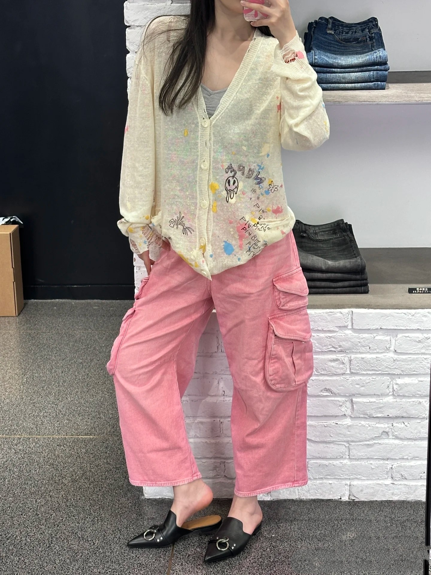 ♥️1 3 多袋套色水洗牛仔裤！粉色 棉 SML  