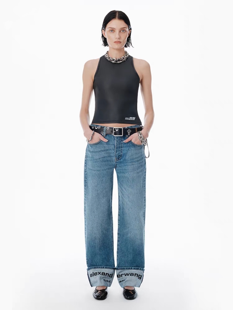 NO:434064,Embroidered jeans with trouser legs!  cotton SML, jeans,alexander wang19860909裤脚刺绣字母牛仔裤！棉 SML,,jeans,alexander wang,Women's clothing