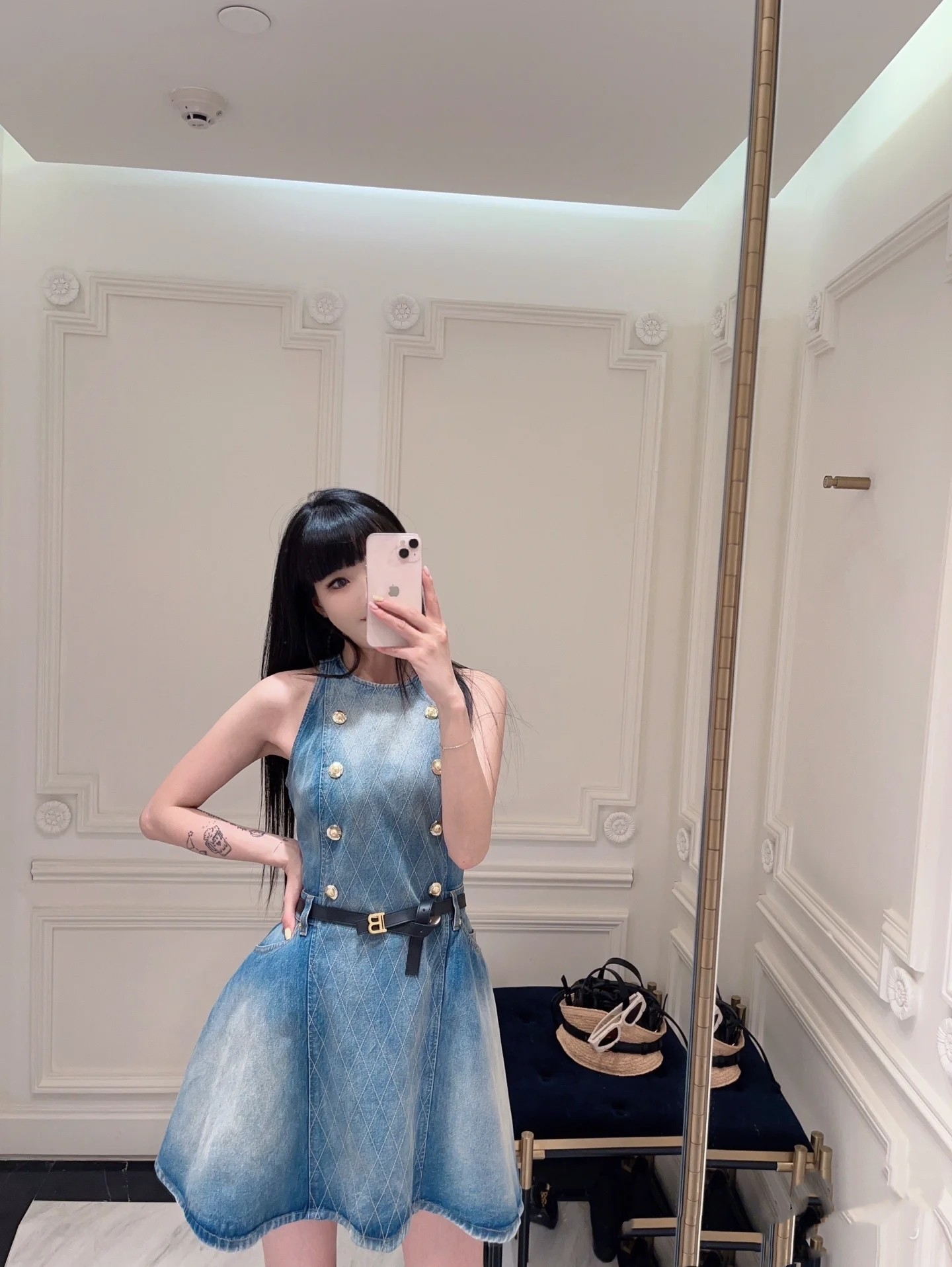 ❤️网格线牛仔连衣裙！棉 SML 