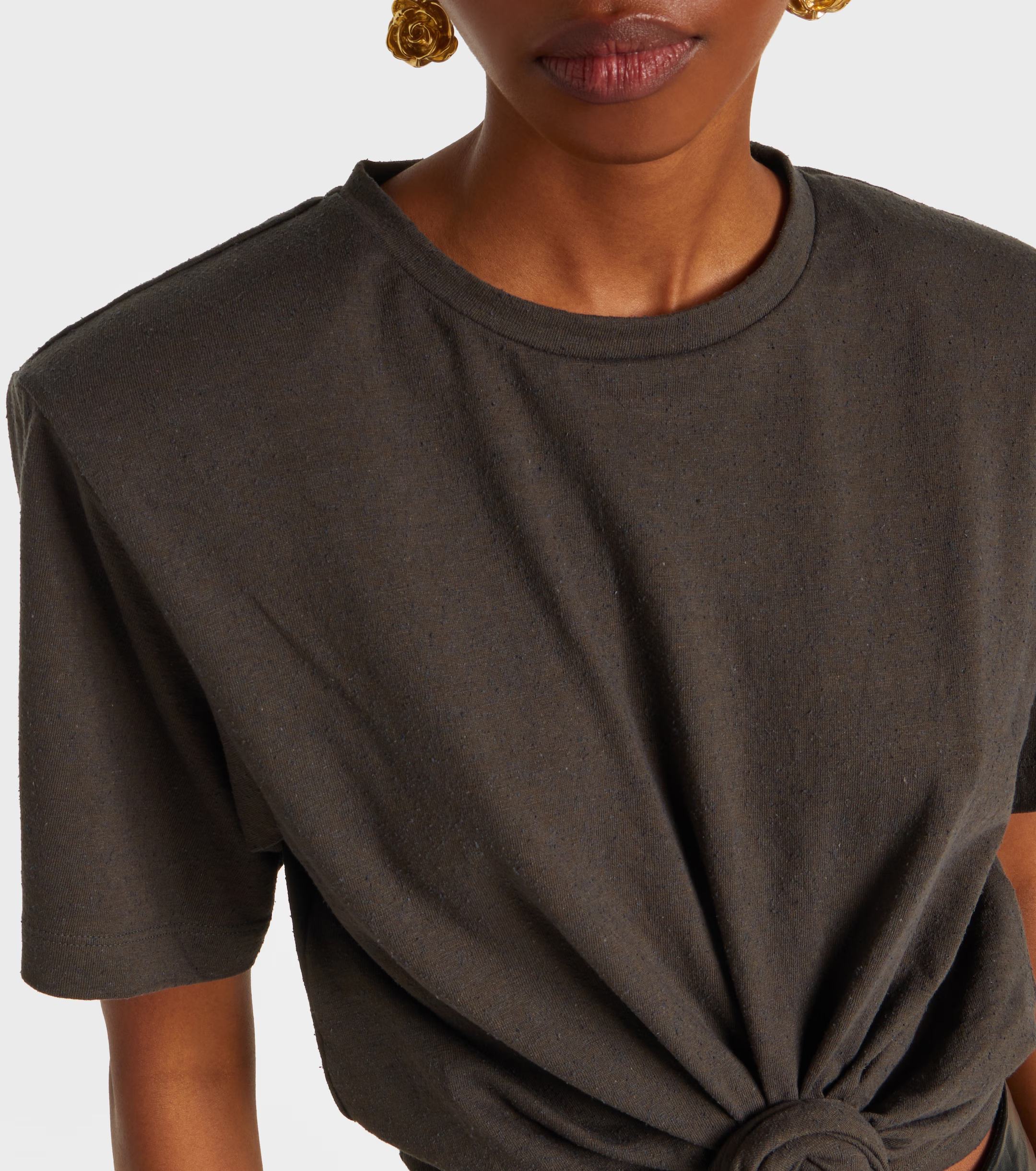 ♥️打结纽花垫肩T恤！蚕丝亚麻混纺，染色洗水做旧效果 SML