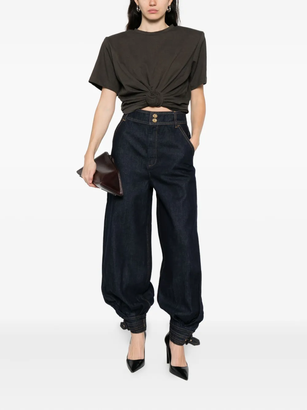 ♥️打结纽花垫肩T恤！蚕丝亚麻混纺，染色洗水做旧效果 SML