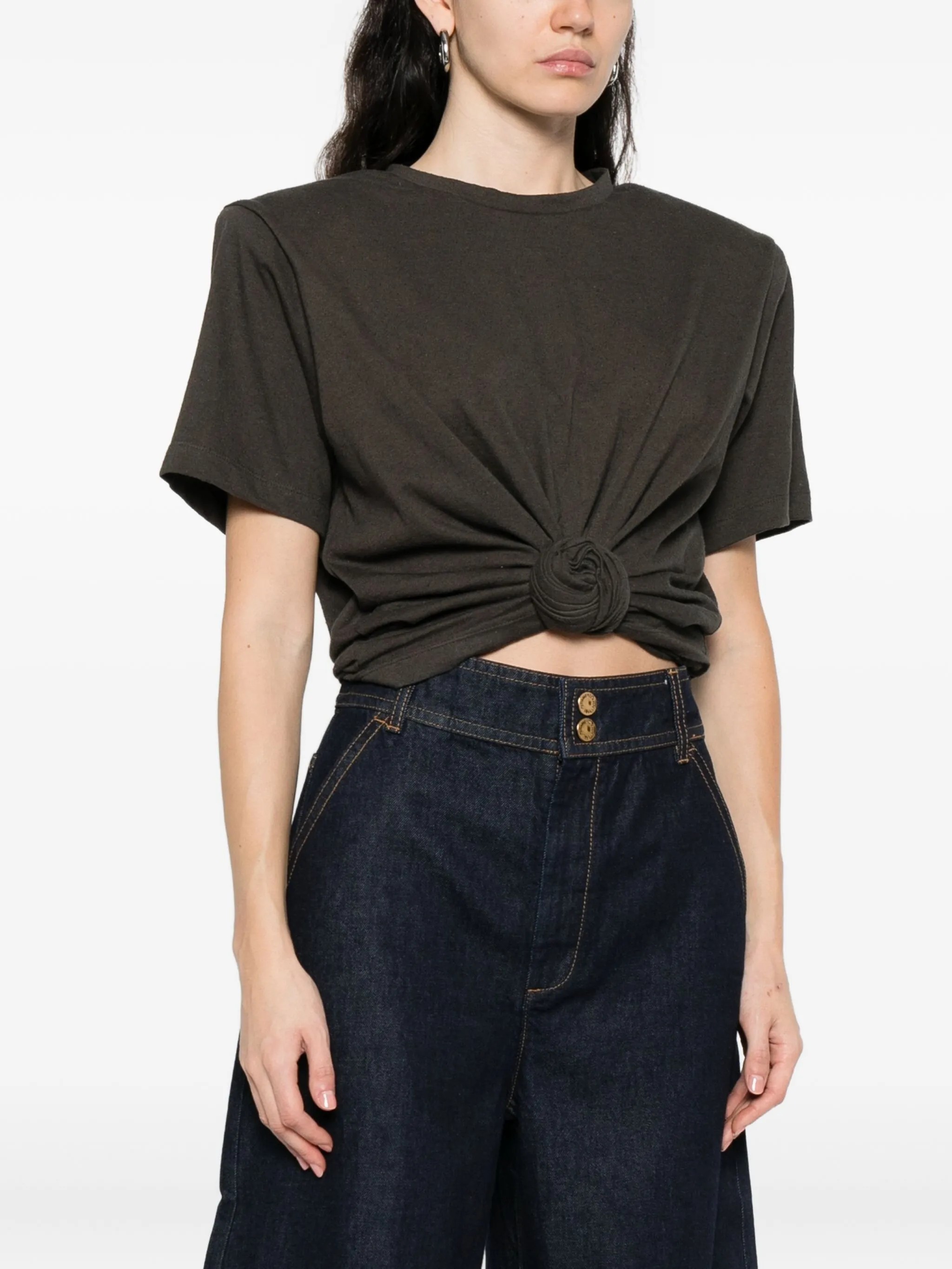 ♥️打结纽花垫肩T恤！蚕丝亚麻混纺，染色洗水做旧效果 SML