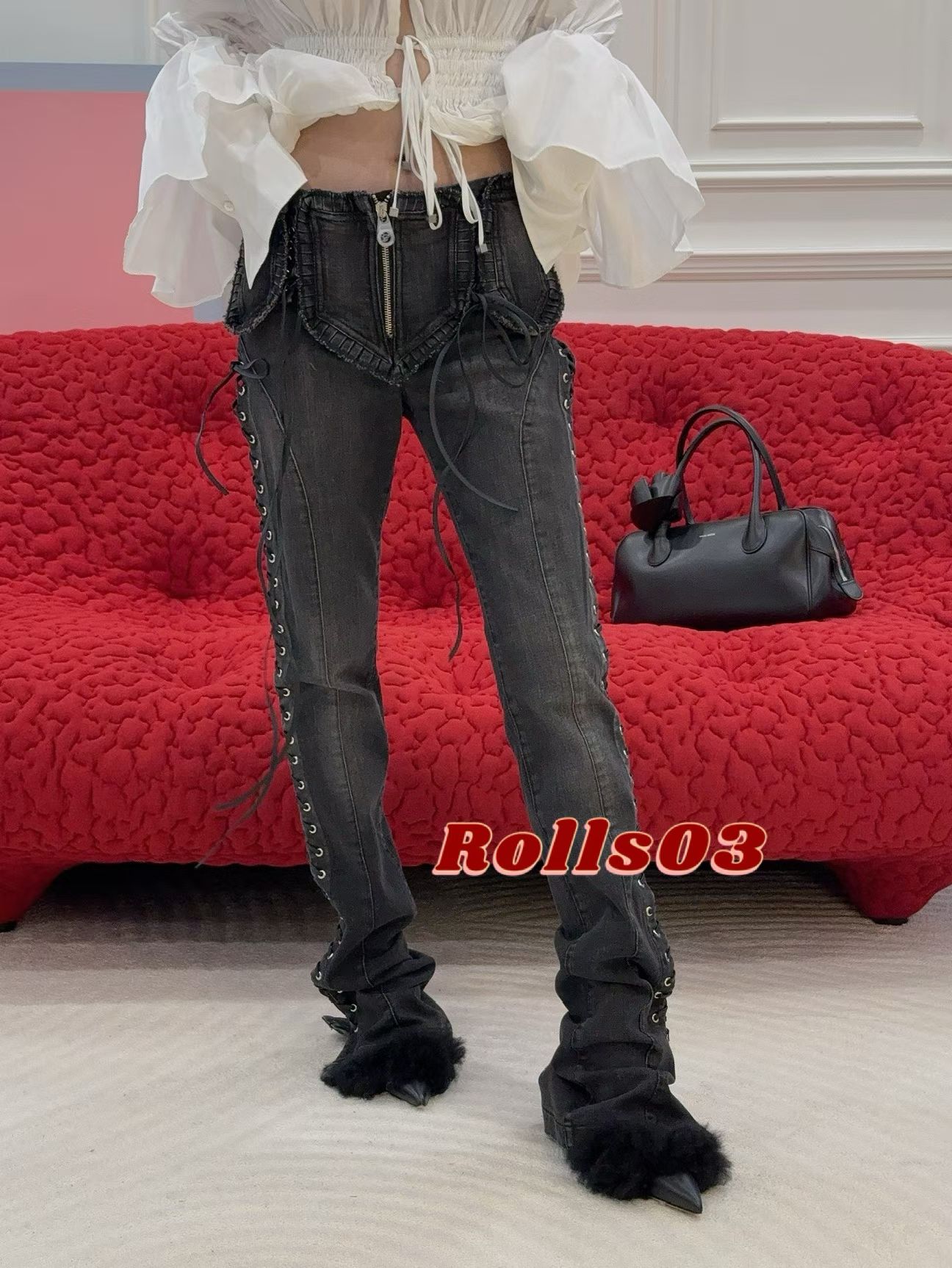 ❤️blum 重工皮革绳绑带牛仔裤！棉 SML