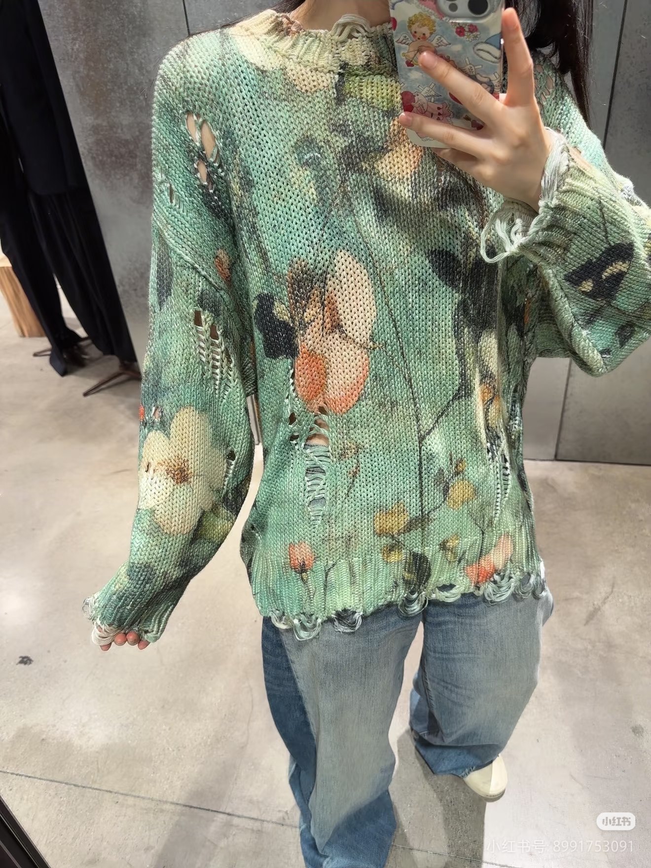 ❤️印花勾破针织圆领毛衣！棉 两色 SML