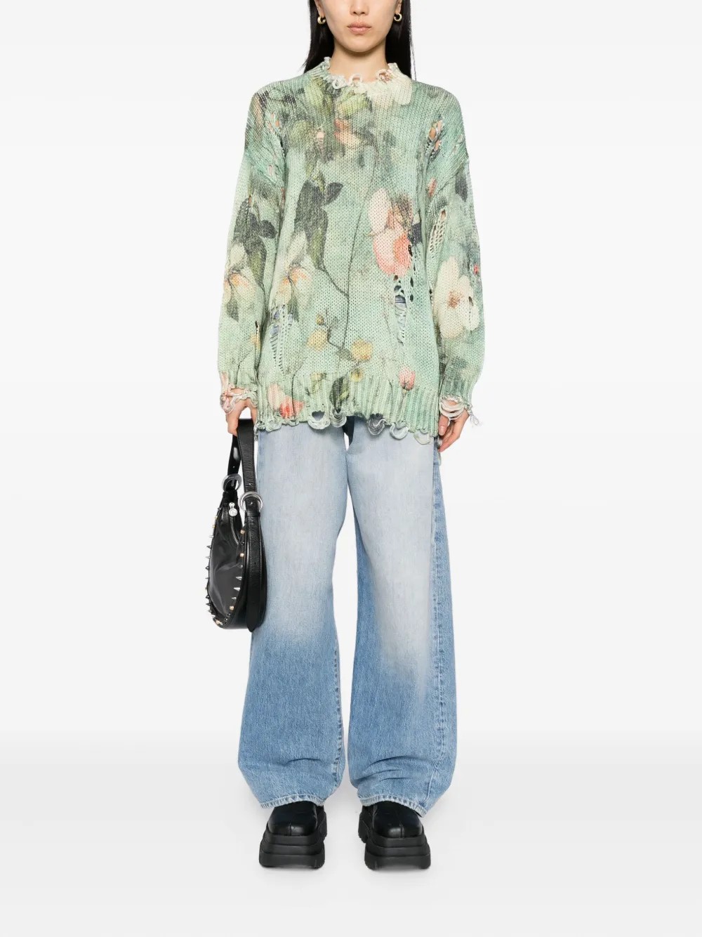 ❤️印花勾破针织圆领毛衣！棉 两色 SML