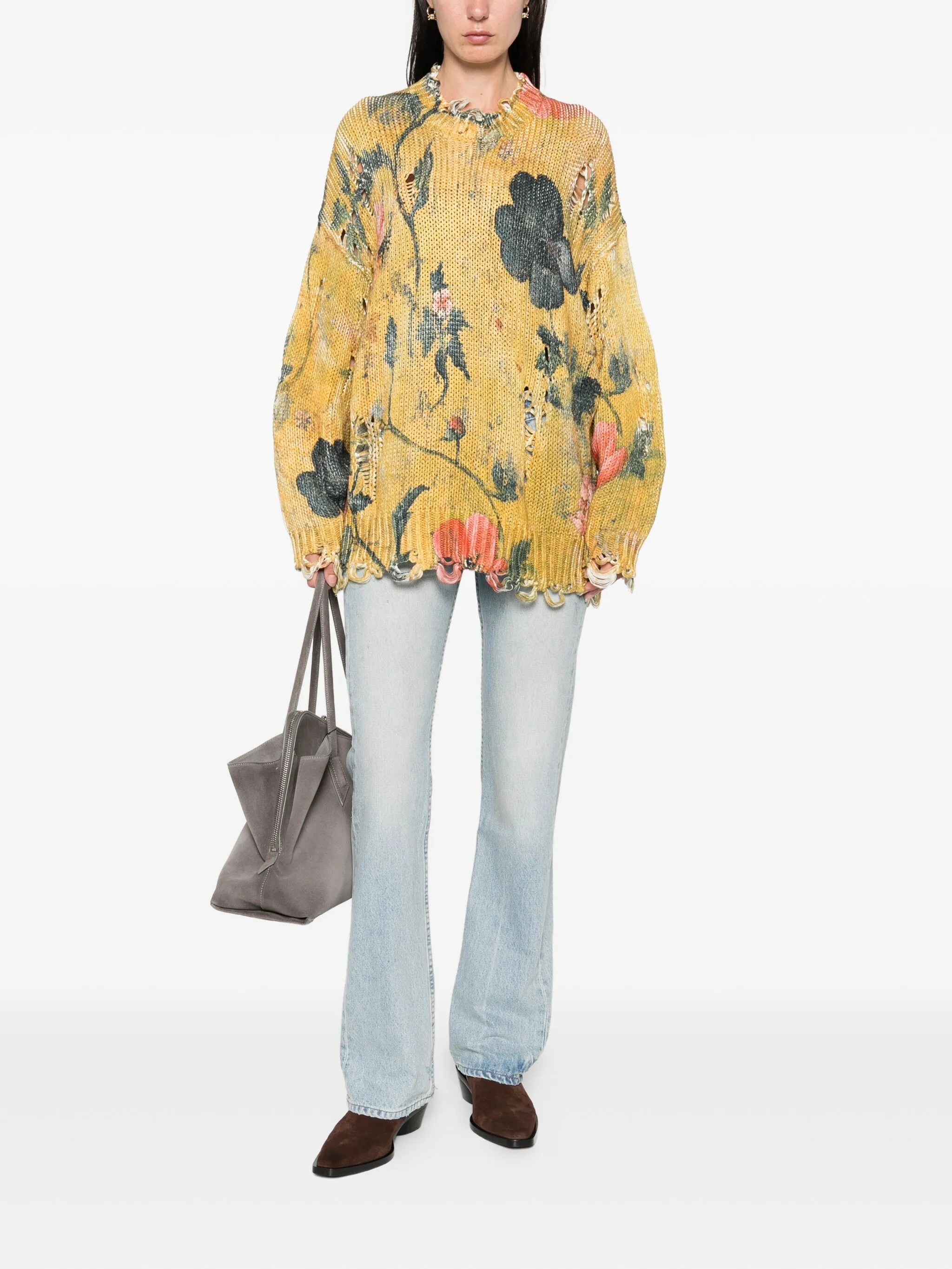 ❤️印花勾破针织圆领毛衣！棉 两色 SML