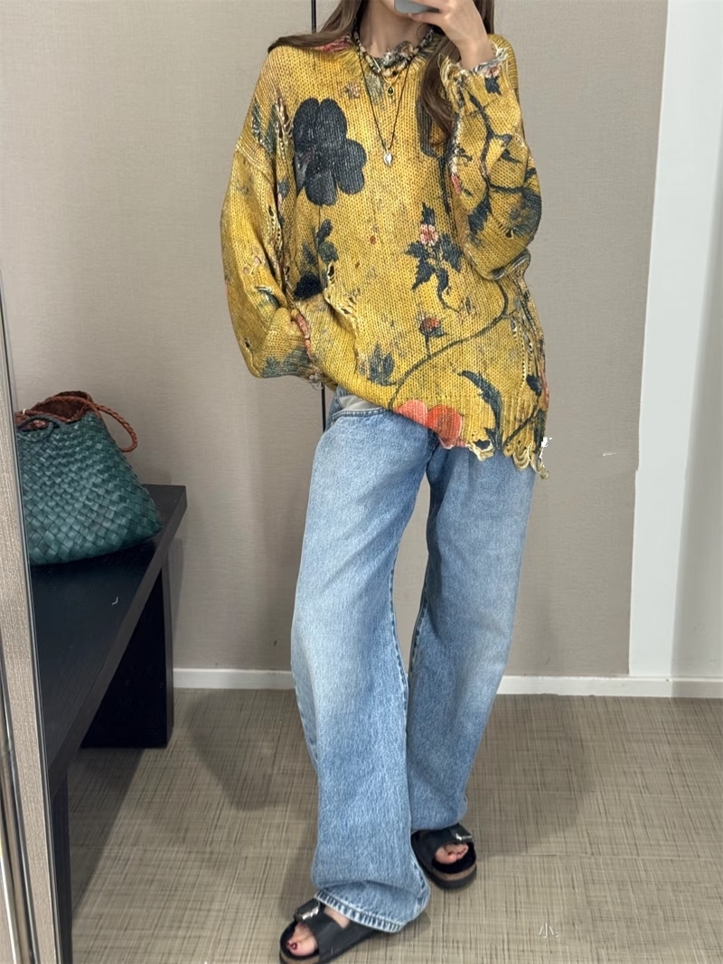 ❤️印花勾破针织圆领毛衣！棉 两色 SML