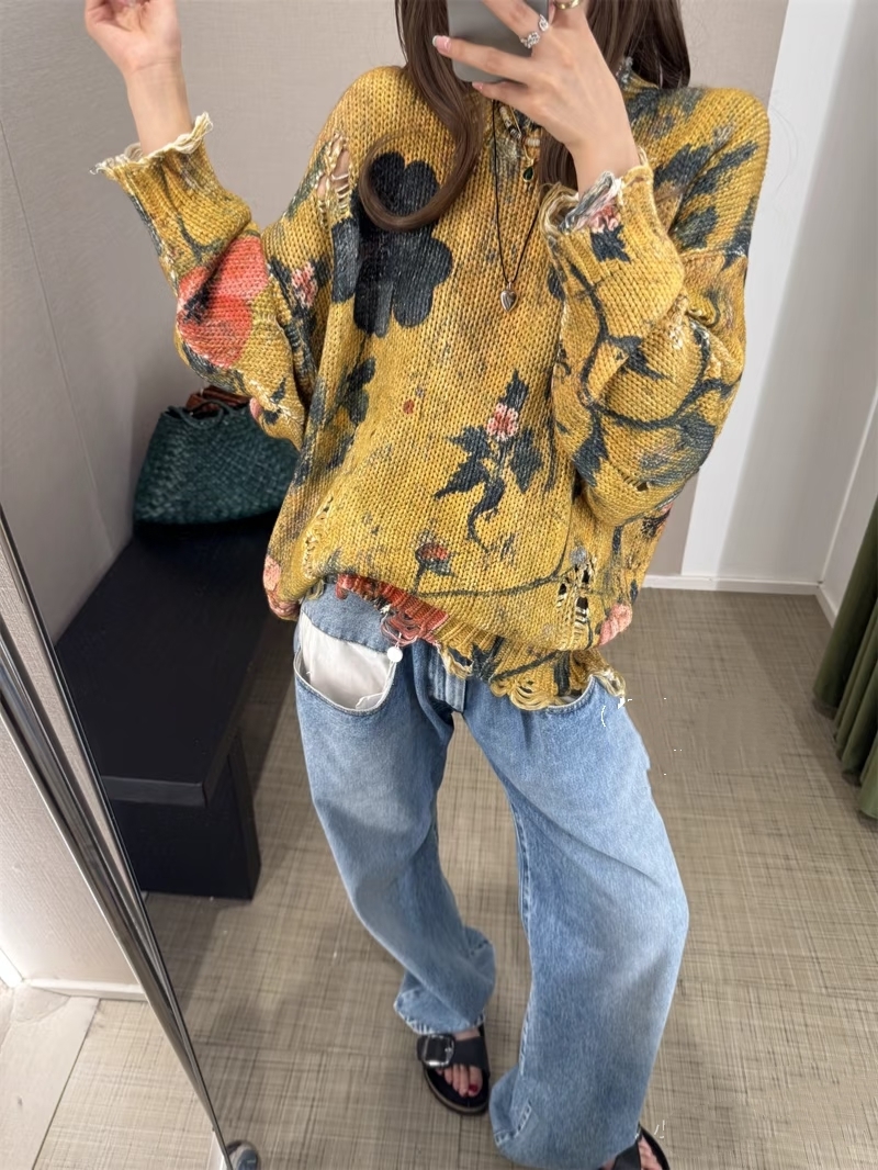 ❤️印花勾破针织圆领毛衣！棉 两色 SML