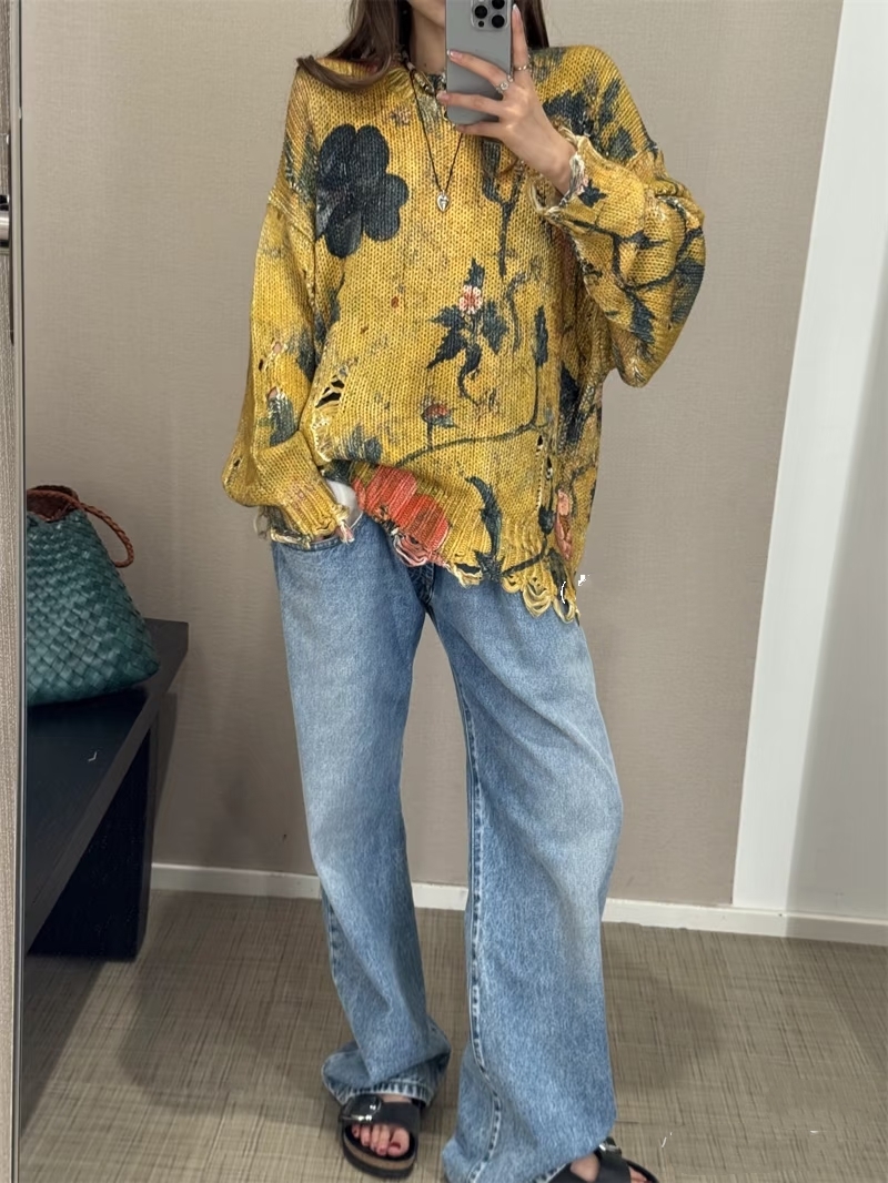 ❤️印花勾破针织圆领毛衣！棉 两色 SML