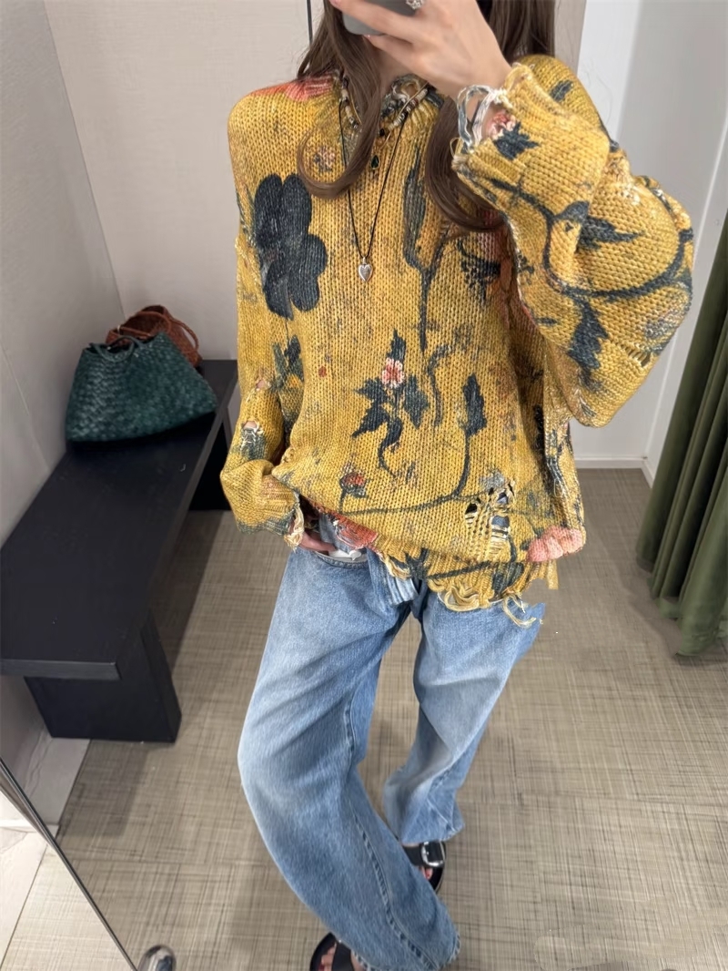 ❤️印花勾破针织圆领毛衣！棉 两色 SML