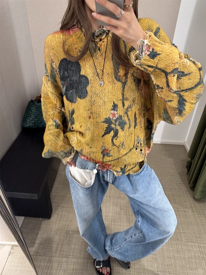 ❤️印花勾破针织圆领毛衣！棉 两色 SML