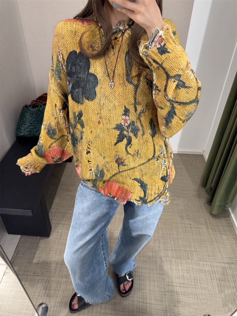 ❤️印花勾破针织圆领毛衣！棉 两色 SML