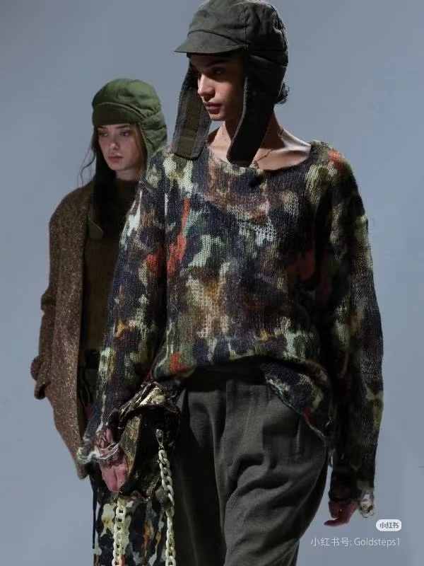 ❤️迷彩印花勾烂薄毛衣！羊毛马海毛混纺纱线 SML