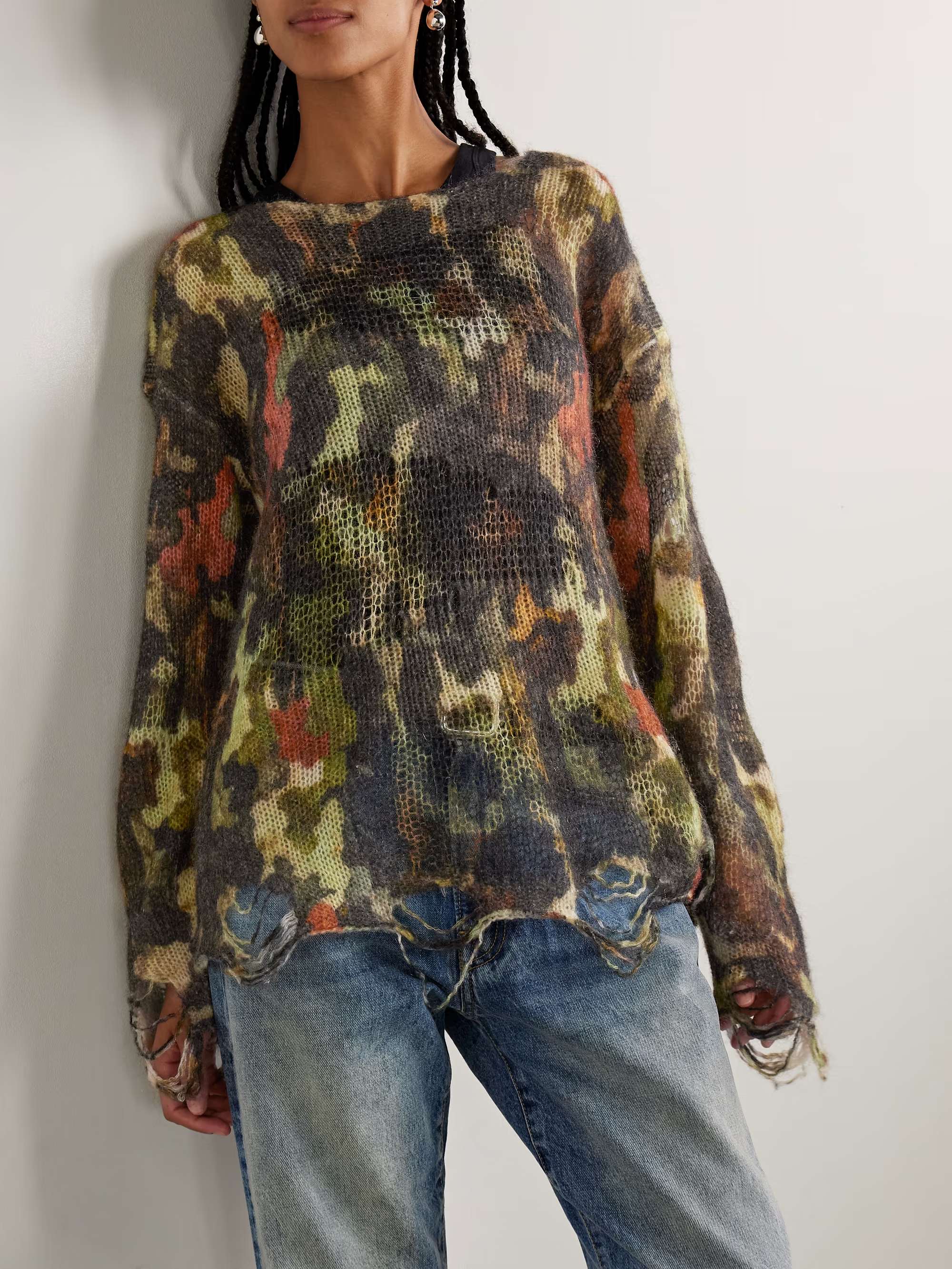 ❤️迷彩印花勾烂薄毛衣！羊毛马海毛混纺纱线 SML