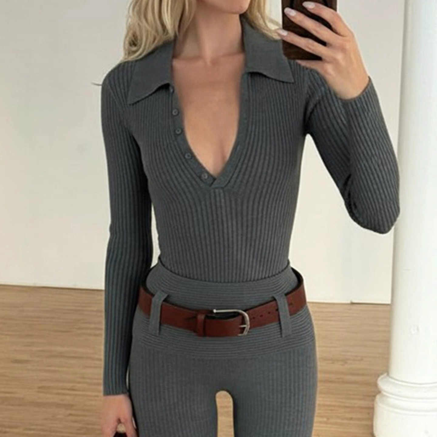 NO:621594,Long sleeve lapel knit jumpsuit!  SML,,alexander wang19860909长袖翻领针织连体衣！SML,,alexander wang,Women's clothing