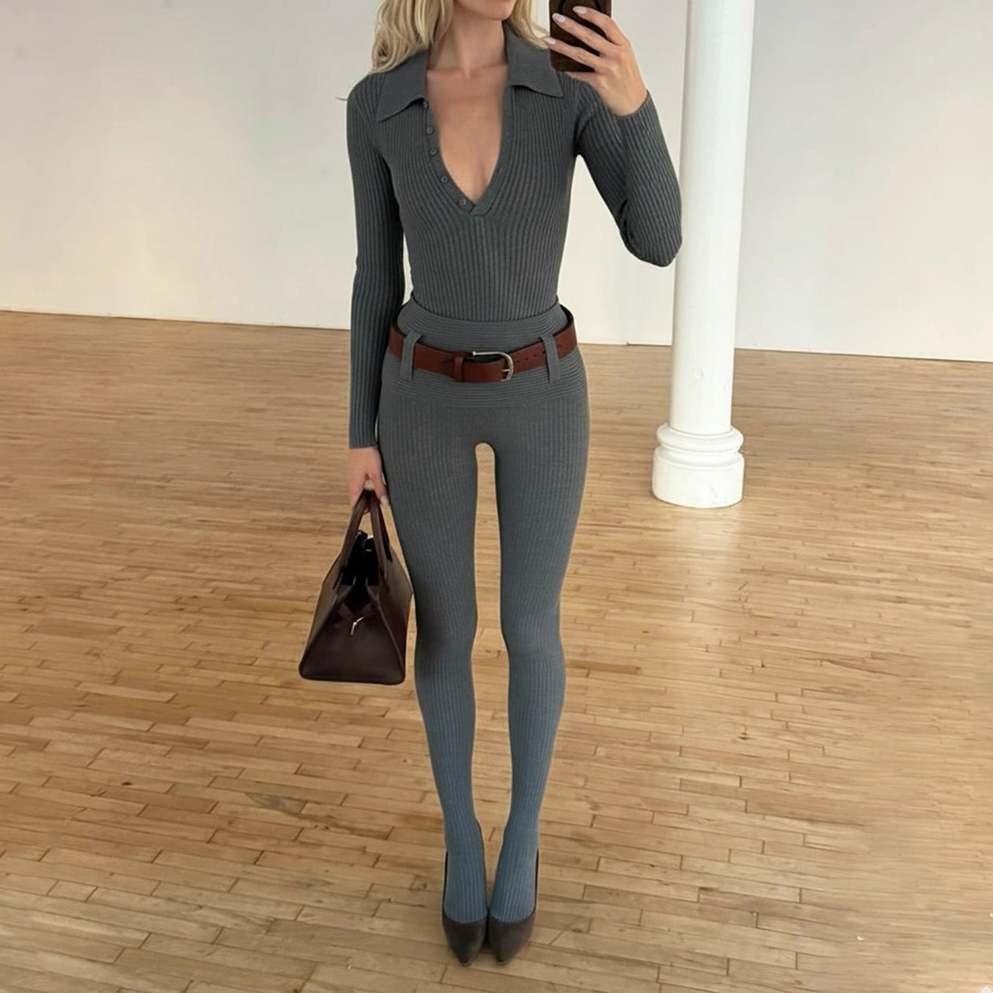 ❤️长袖翻领针织连体衣！SML