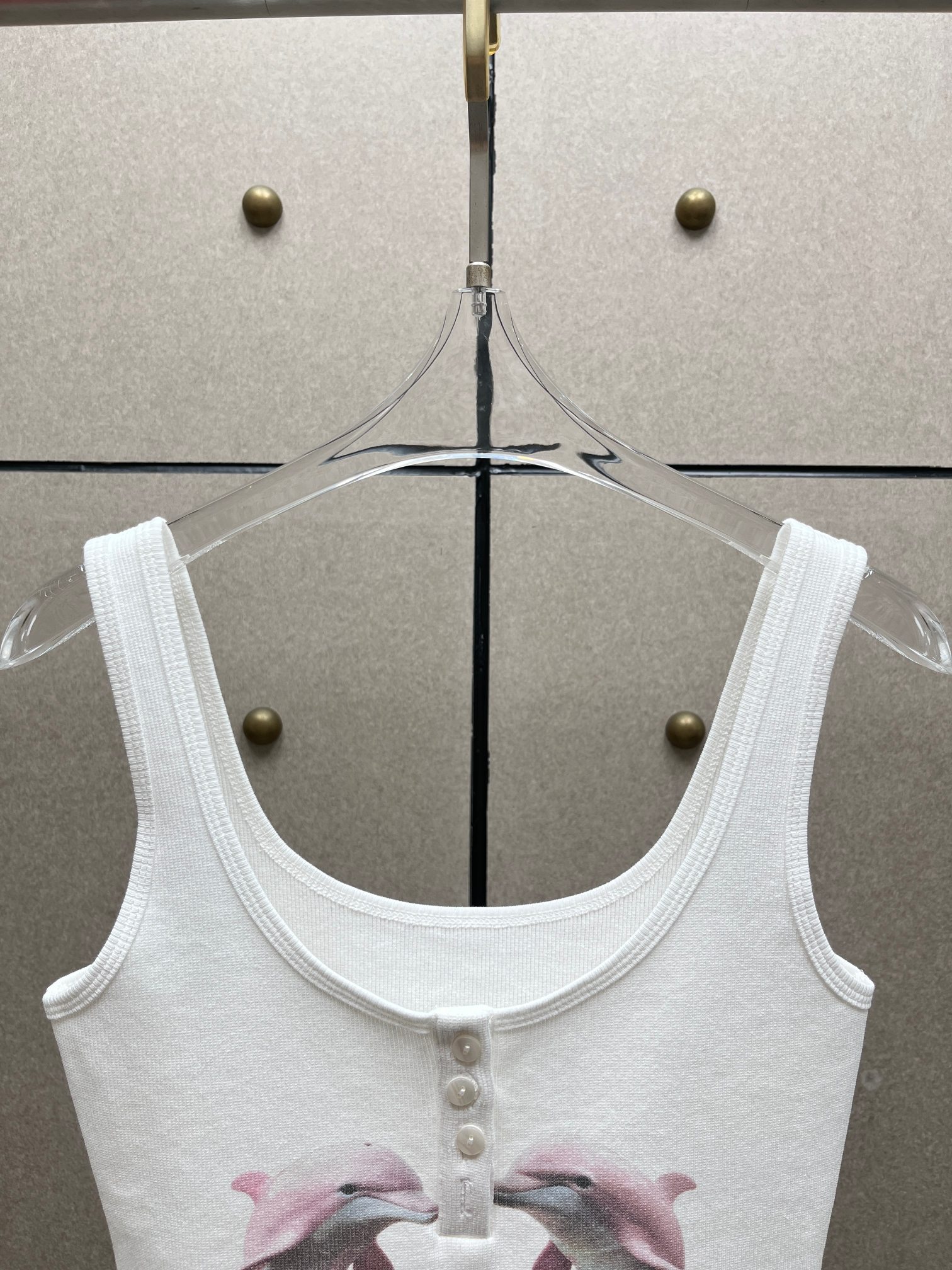 ❤️粉海豚印花烫钻螺纹背心！棉 SML