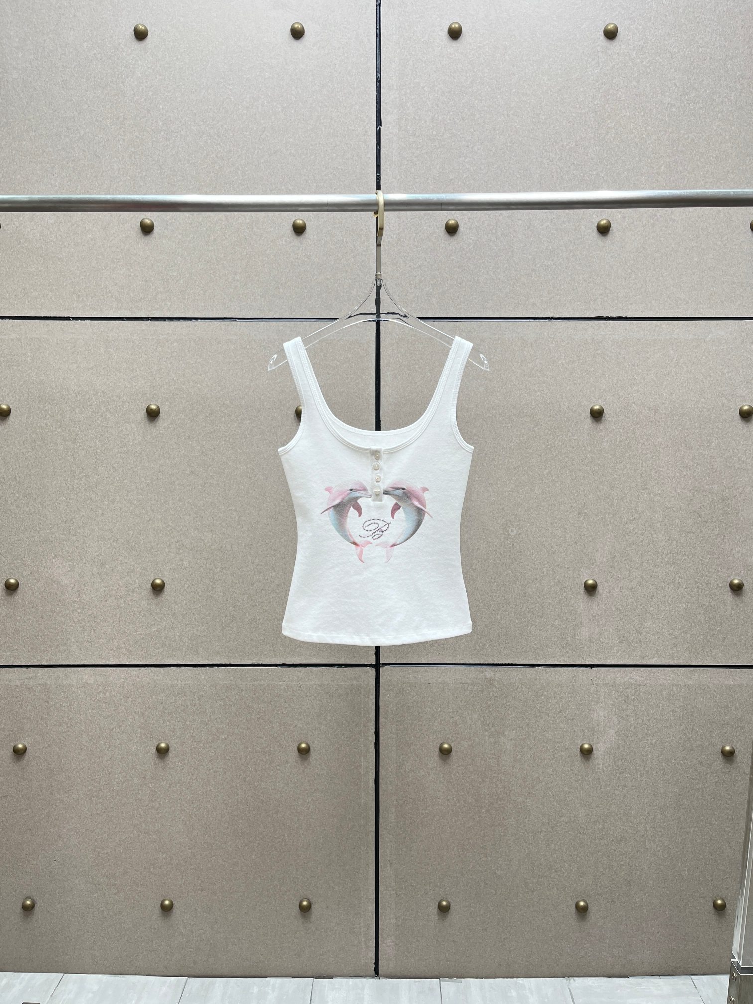 ❤️粉海豚印花烫钻螺纹背心！棉 SML