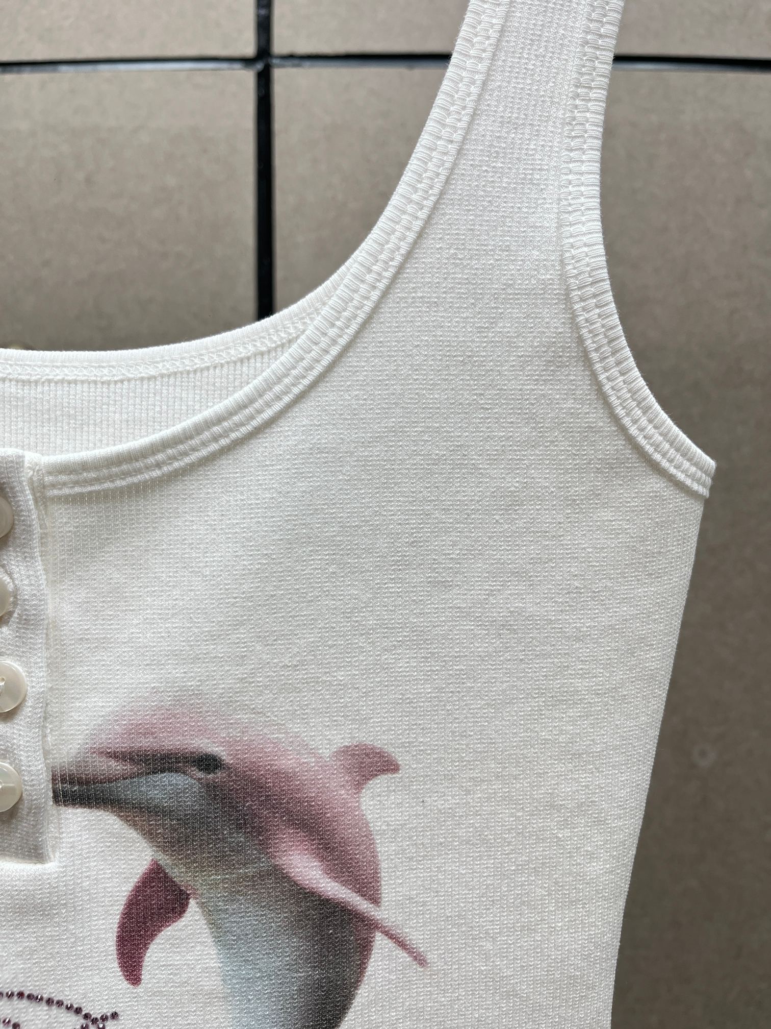 ❤️粉海豚印花烫钻螺纹背心！棉 SML