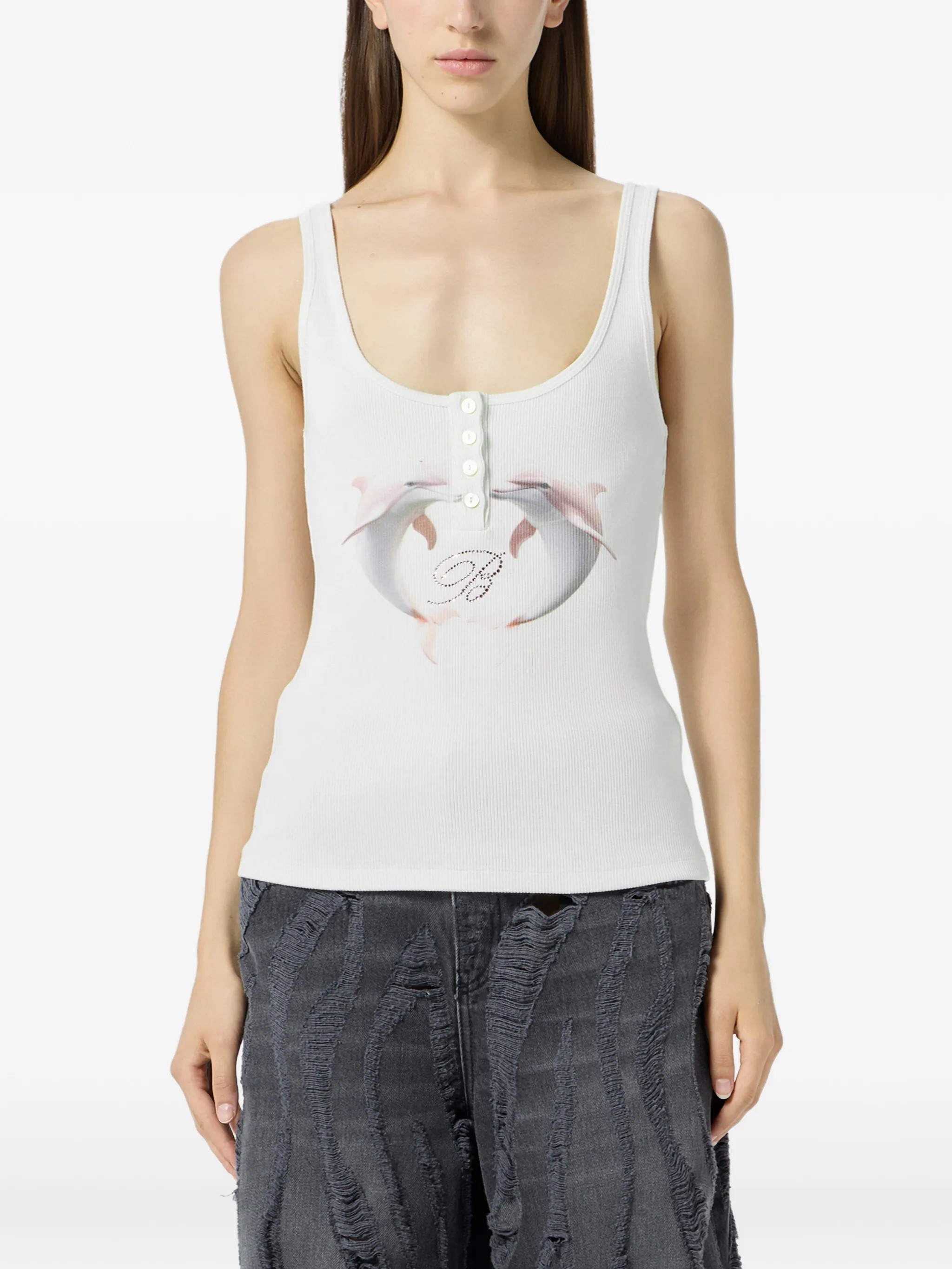 ❤️粉海豚印花烫钻螺纹背心！棉 SML