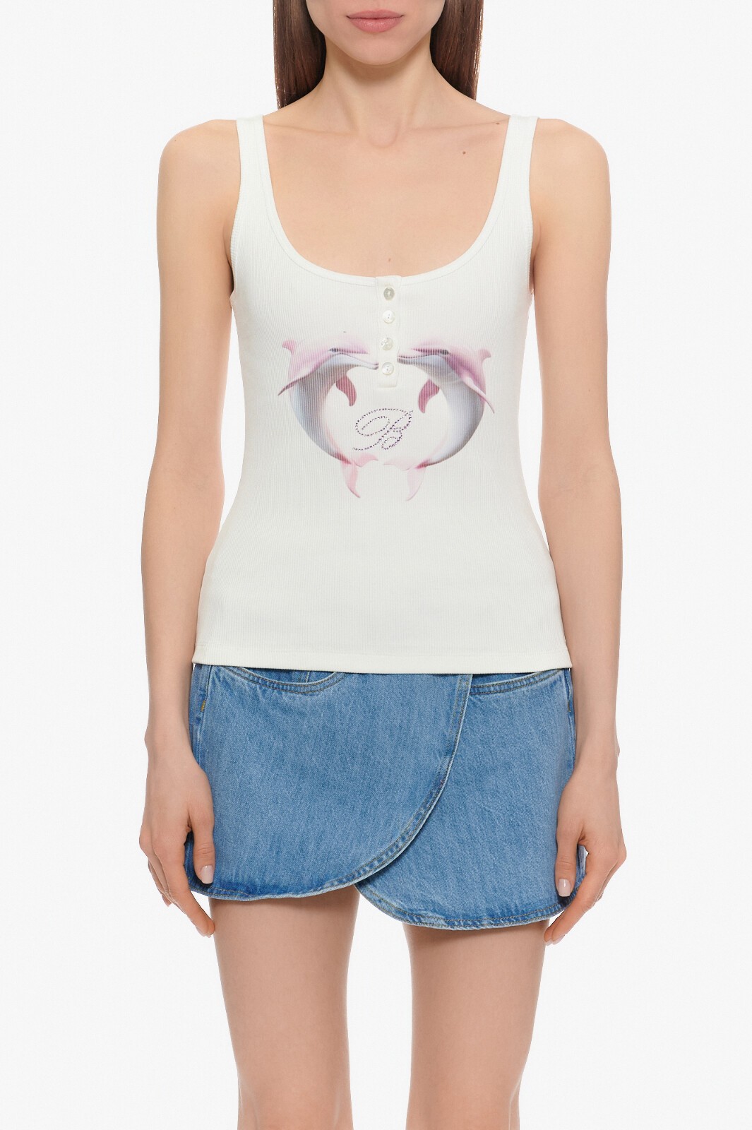 ❤️粉海豚印花烫钻螺纹背心！棉 SML