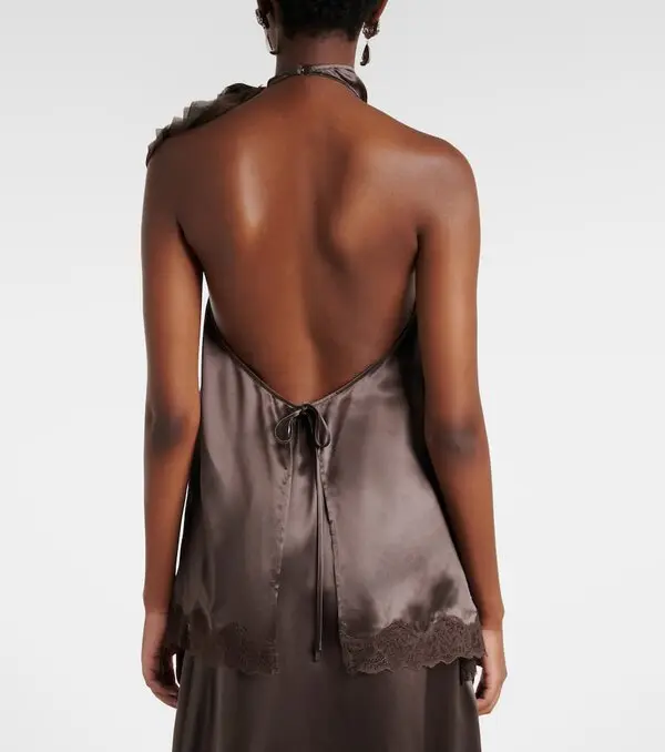 ❤️胸花蕾丝边露背上衣！定制染色丝质面料 两色 SML