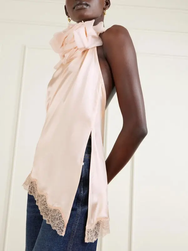 ❤️胸花蕾丝边露背上衣！定制染色丝质面料 两色 SML