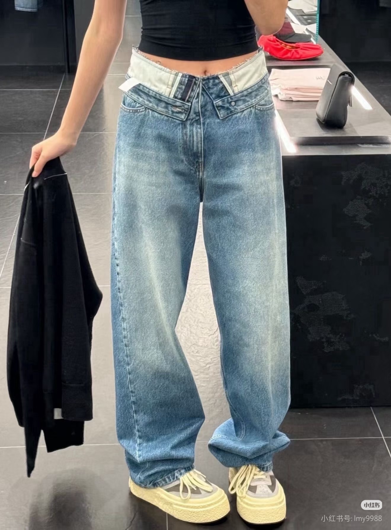 ❤️拼接腰头高腰牛仔裤！棉 SML