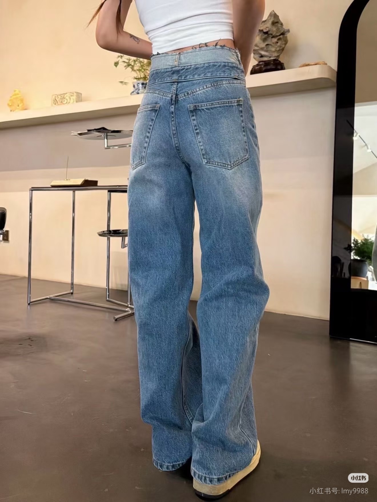 ❤️拼接腰头高腰牛仔裤！棉 SML