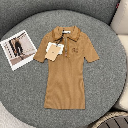Miu Miu Women's Ribbed Knit Polo Shirt with Suede Trim and Metal Zipper 1 Miu Miu Women's Ribbed Knit Polo Shirt with Suede Trim and Metal Zipper