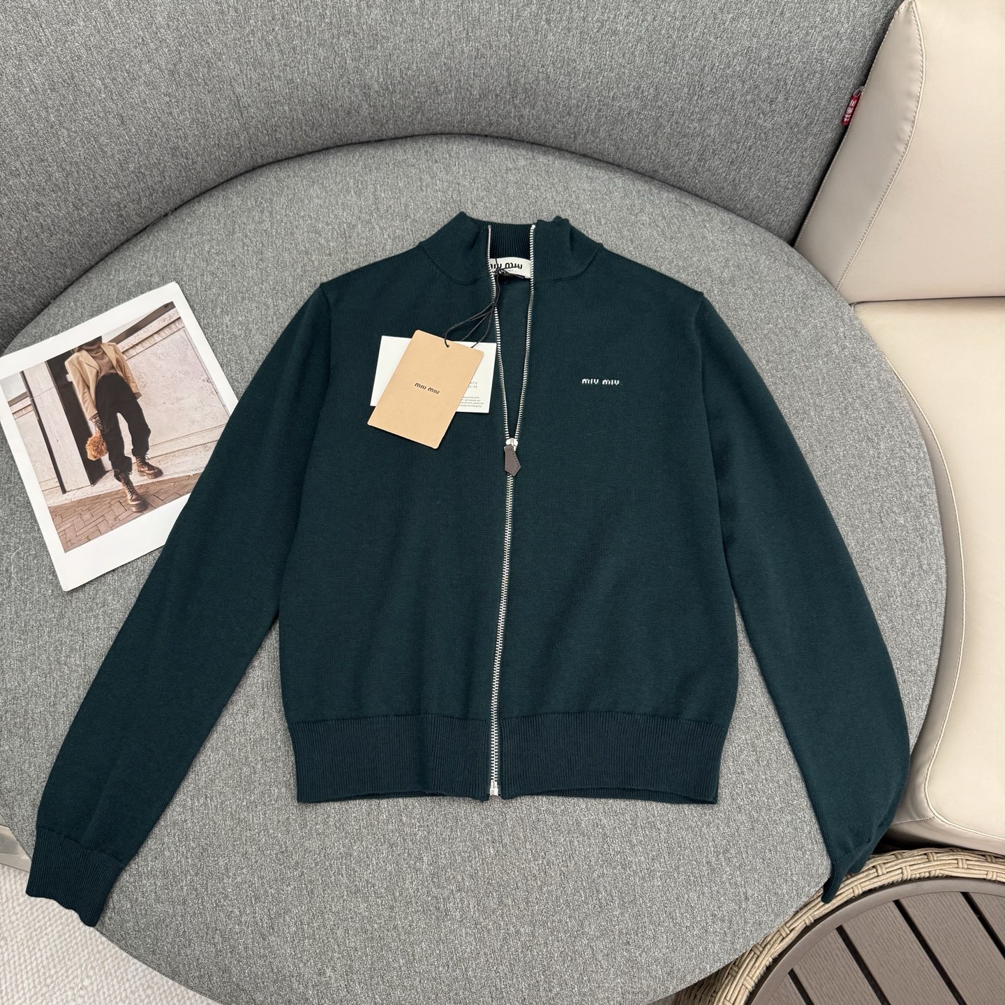 Miu Miu Women's Dark Green Cardigan with Logo Embroidery and Zipper