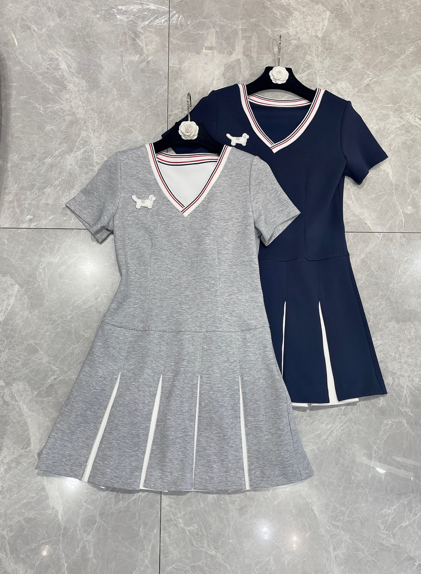 Thom Browne’s P667 V-Collar Dress in Advanced Grey Hide Blue, Exclusive Cash Sale.