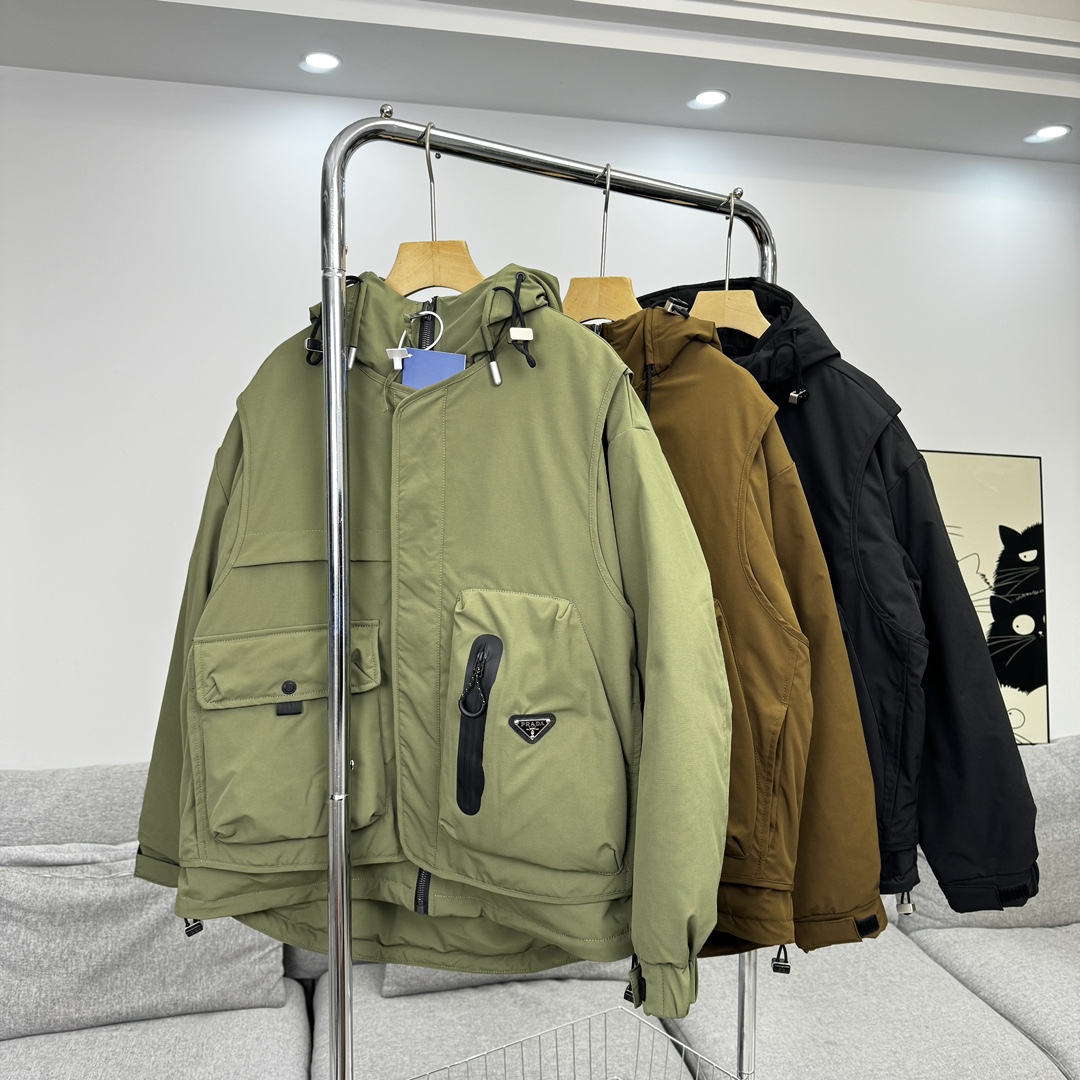 Prada Clothing Down Jacket Designer Wholesale Replica
 Black Green Khaki White Splicing Unisex Duck Down Winter Collection Hooded Top